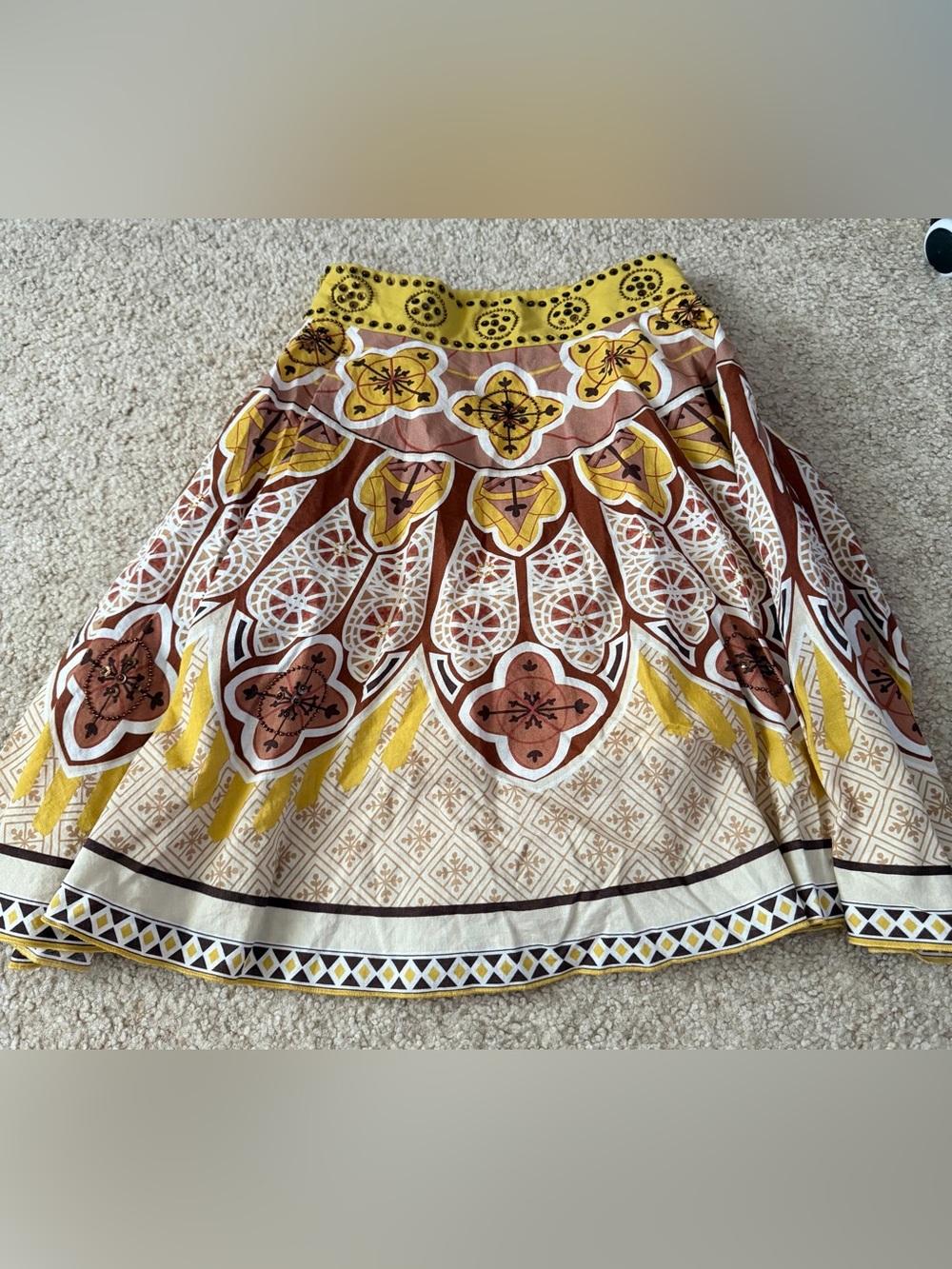 Anthropologie Boho Printed Midi Skirt in Yellow & Brown